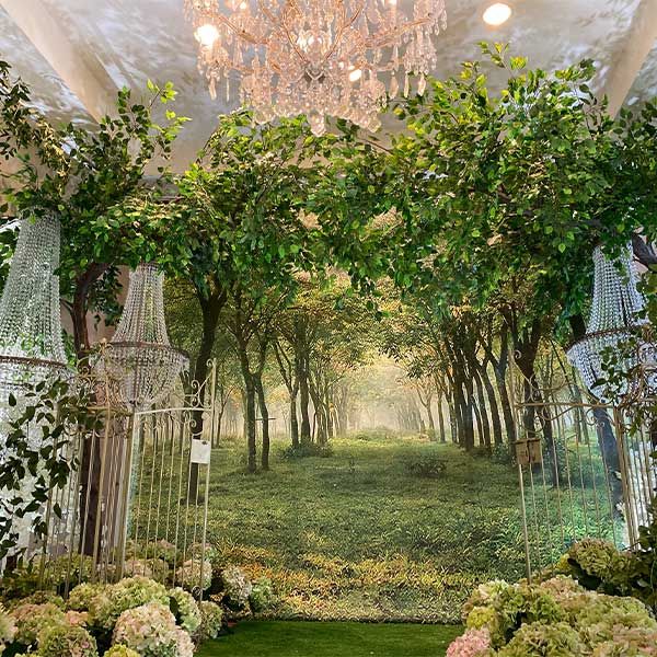 Photo booth with trees surrounding a wedding event