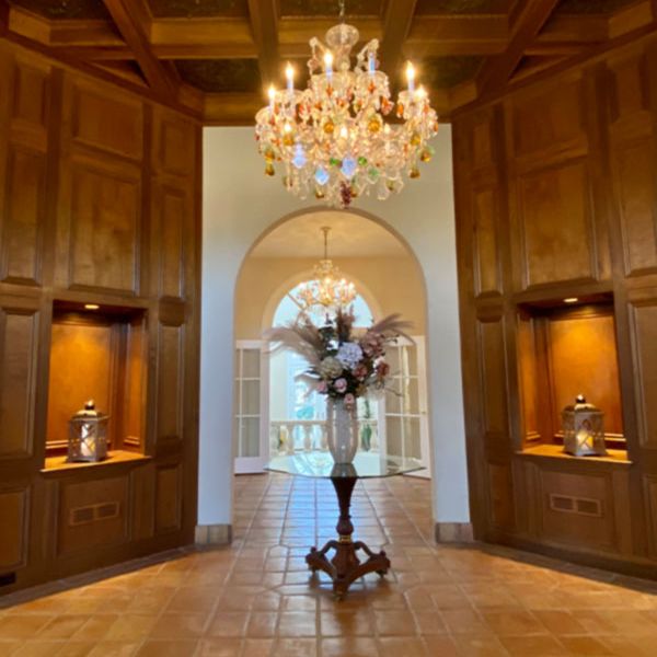 Beautiful wood atrium with Chandelier