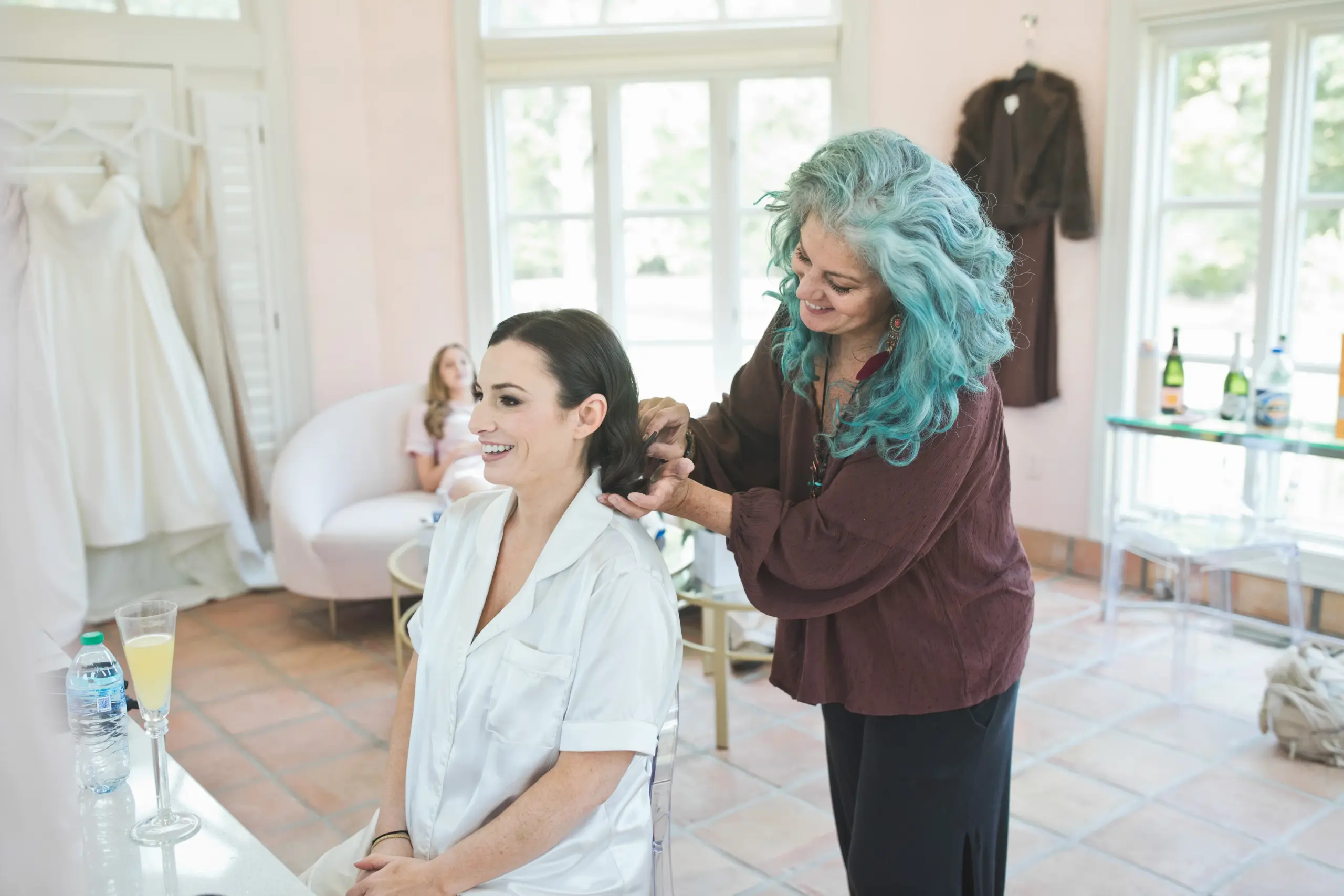 Getting hair done before wedding.